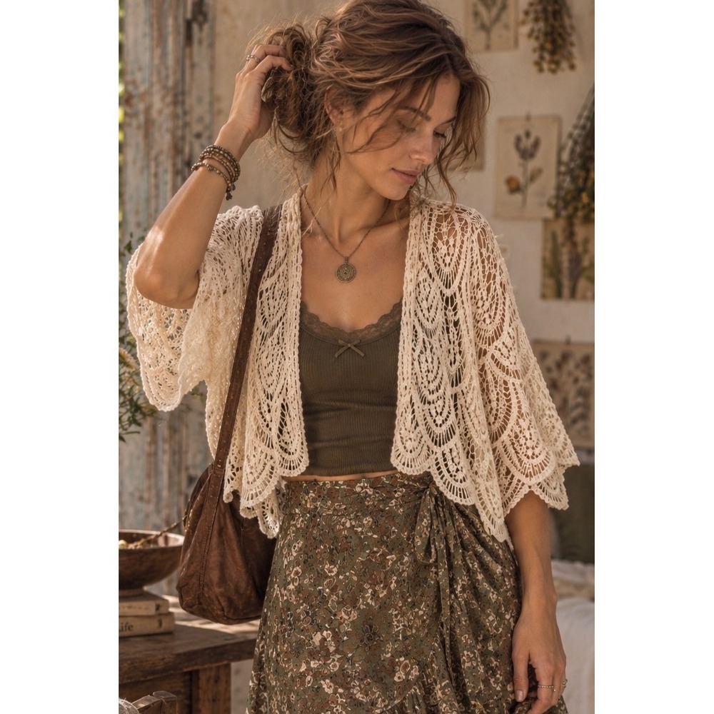 Open Knit Festival Hippie Overlay Boho Crochet Open Knit Cardigan Small Cream